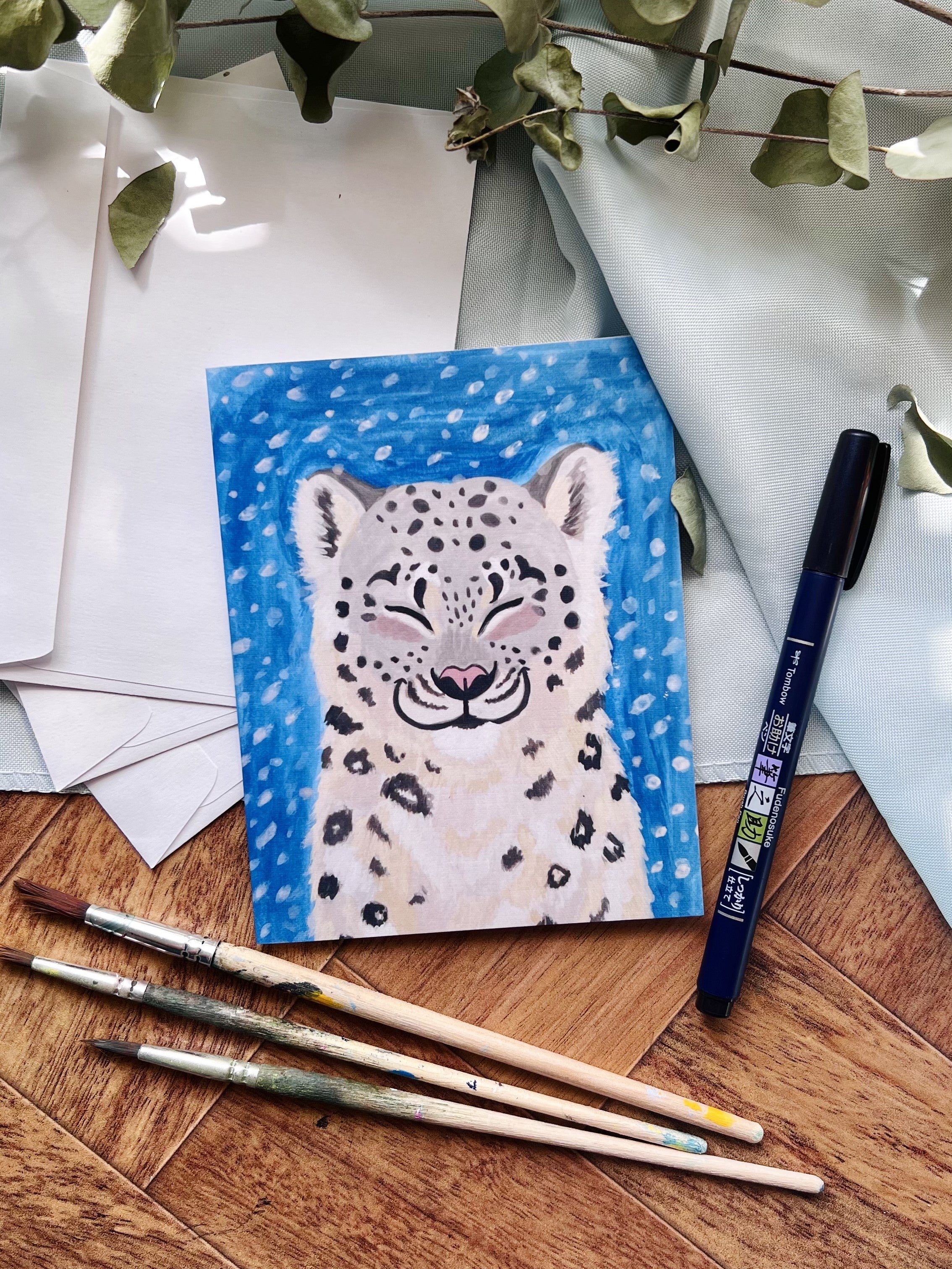 Happy Snow Leopard Illustrated Blank Note Card Kara Vizcarra