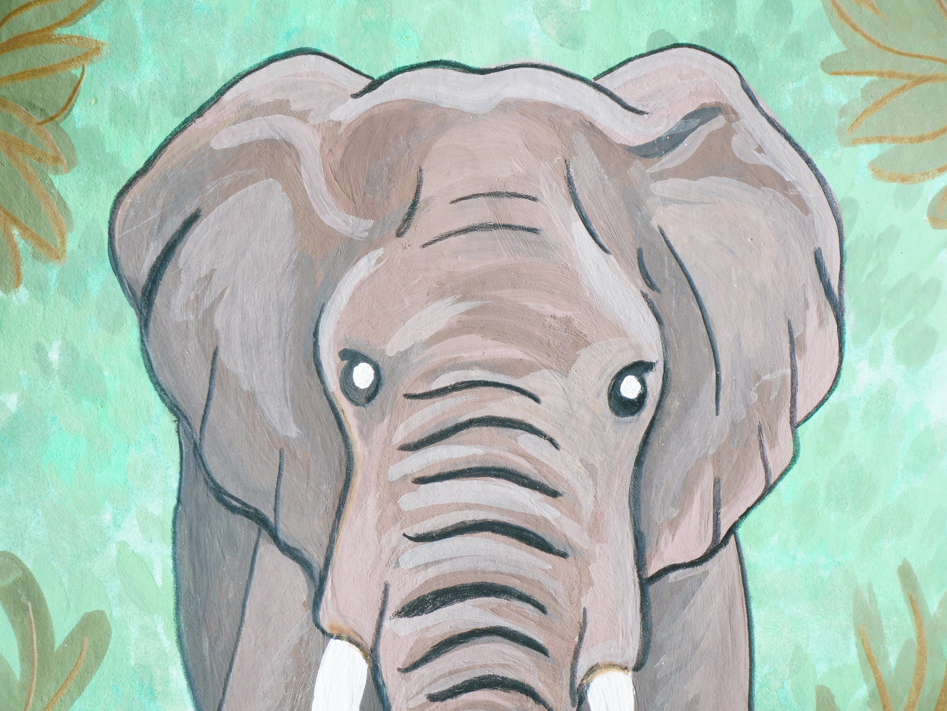 close up for african elephant painting to show individual brushstrokes and details on face